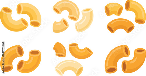 Collection of pasta elbow macaroni shapes, uncooked pasta tubes, italian food ingredient isolated on transparent background vector illustration