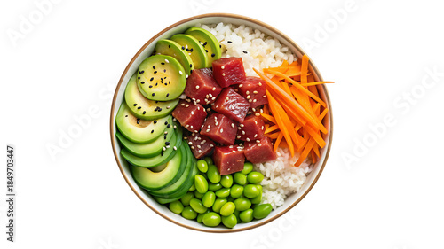 Healthy tuna poke bowl with rice avocado and vegetables
