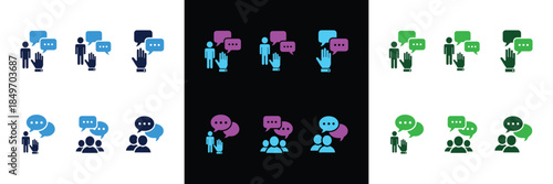 Comprehensive Vector Icon Set Illustrating Diverse Communication Concepts, Including Individual Participation, Group Discussion, Question Asking, and Dialogue, Presented in Multiple Vibrant Color