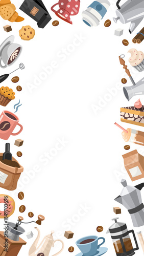 Coffee rectangular, frame, copy space, vertical template for story and reels. Hand drawn cartoon Style design with different Coffee Theme objects. Vector illustration
