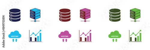 Comprehensive Vector Icon Set for Modern Digital Infrastructure, Data Storage, Cloud Hosting Services, and Business Analytics. This collection features detailed server racks, cylindrical database