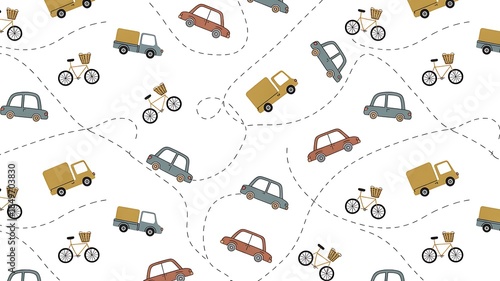 Vintage cars and bicycles on winding roads in a playful pattern