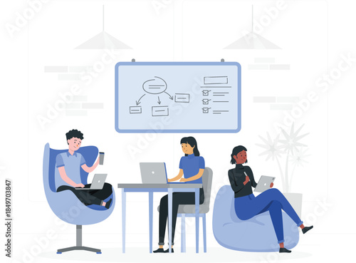 People working on laptops in office setting with flowchart on board whiteboard