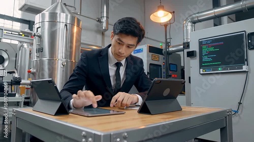 Young Asian businessman working with multiple devices in a modern laboratory setting.