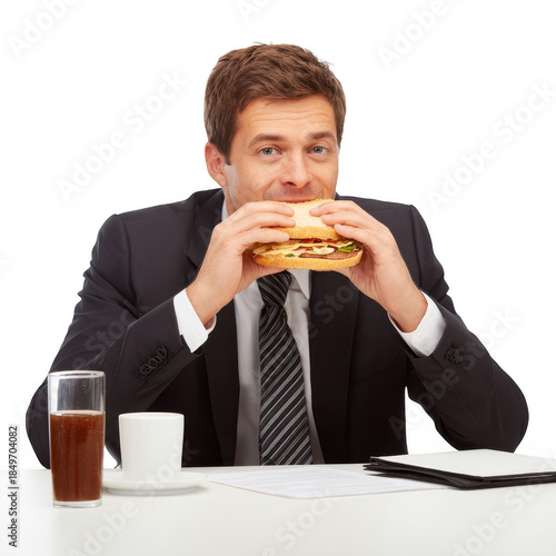 Businessman eating sandwich at office desk, isolated on transparent background png