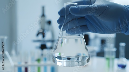 Scientist holding laboratory flask with liquid.
