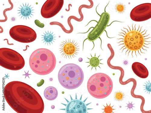 Colorful microscopic cells and bacteria viruses red cells