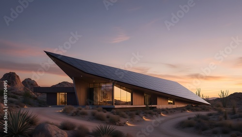 Modern Desert House at Sunset with Unique Architecture.