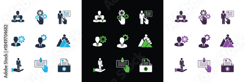 Comprehensive vector icon set depicting diverse business concepts, including teamwork, organizational management, process optimization, professional development, communication, leadership, career