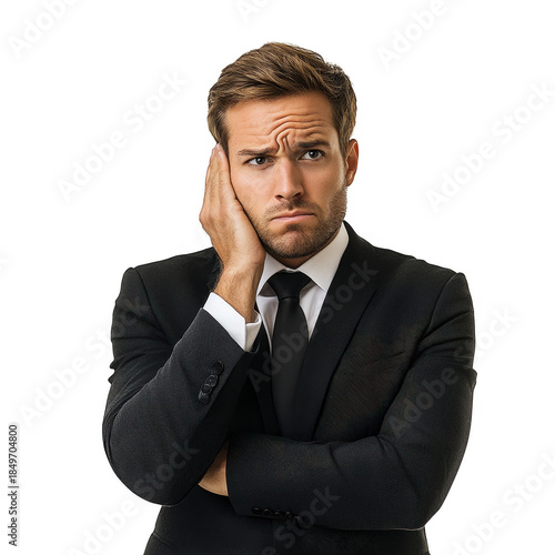 Confused businessman touching face thoughtfully, isolated on transparent background png