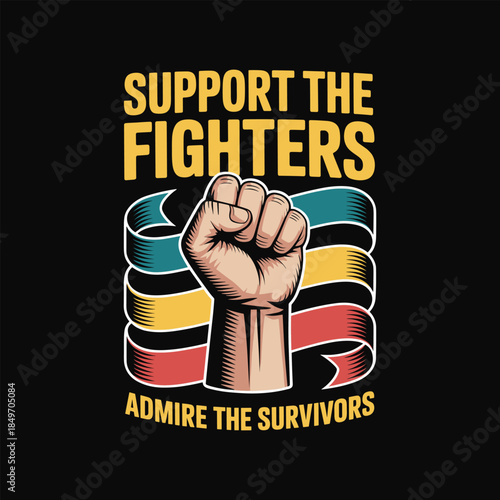 Fist with colorful ribbons and motivational text on black background