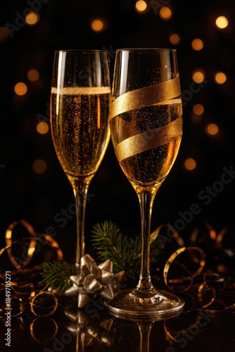 Two ribbon-adorned champagne flutes sparkle amid festive decorations against a backdrop of golden bokeh. Generative AI