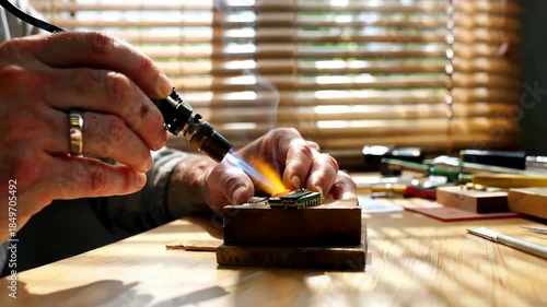 Jeweler Soldering Ring with Torch in Workshop.