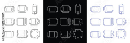 A comprehensive set of vector outline ticket icons featuring various vintage and modern designs, including horizontal and vertical orientations, with distinct serrated edges, perforation lines