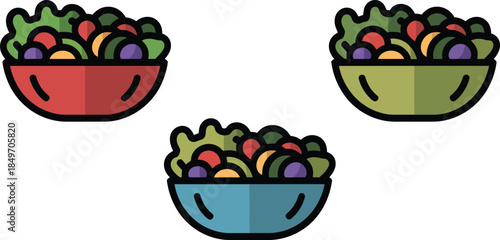 Fresh garden salads in bowls with various ingredients including lettuce tomatoes and olives healthy meal options