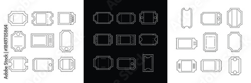A comprehensive set of minimalist outline vector illustrations showcasing various retro and modern ticket templates for events, cinema, raffles, admission, or coupons, featuring diverse shapes