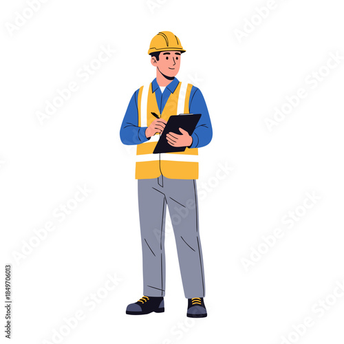 Construction worker with clipboard and hard hat.