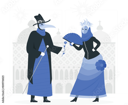 Plague doctor and woman in blue dress and mask standing in front of building black hat