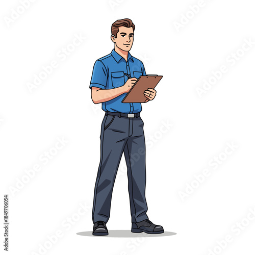 Delivery man holding clipboard courier service worker.