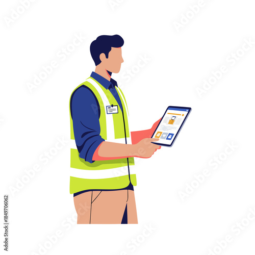 Warehouse worker with tablet in high visibility vest.