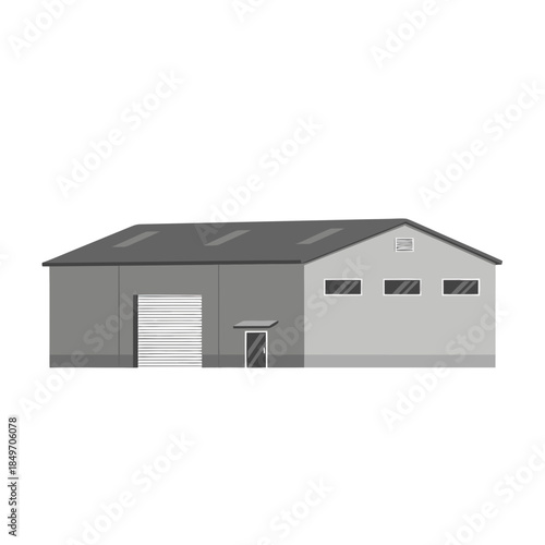 Gray warehouse building with garage door and windows.