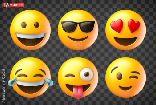 Vector realistic illustration of 3d emojis on a transparent background.