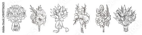 Hand drawn ink doodle bouquet set. Wedding and birthday party invitation design clip art isolated vector illustration. Coquette whimsical line art floral collection