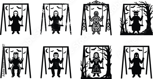 Spooky Halloween swing silhouettes with creepy characters, gothic horror vector illustration set