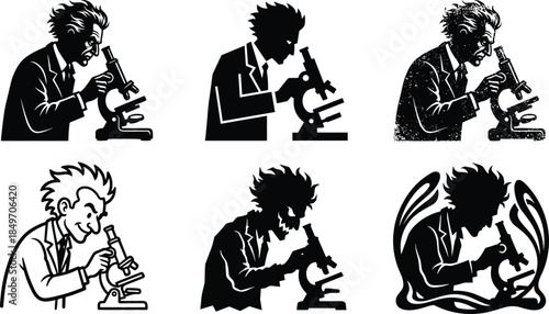 Scientist microscope silhouettes set, vintage laboratory researcher vector illustration collection black white