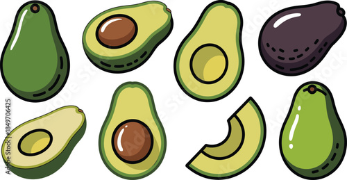 Group of ripe avocados, whole and halved fruits with pit, healthy food, organic produce isolated on transparent background vector illustration