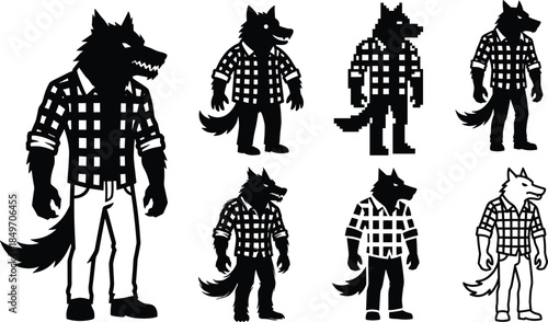 Werewolf character silhouettes set, anthropomorphic wolf lumberjack style vector illustration collection design