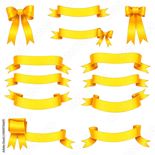 gold ribbon decorative vector set, luxury golden ribbon illustration pack, shiny metallic gold ribbon bows, elegant gold ribbon banner design, premium ribbon gold graphic elements, festive golden ribb