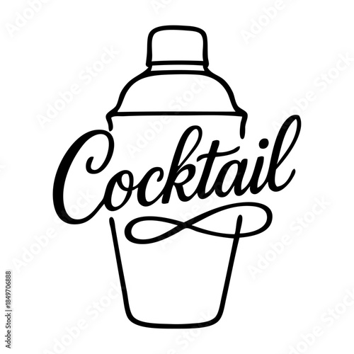 Logo con palabra manuscrita Cocktail con dibujo minimalista con líneas de una coctelera 