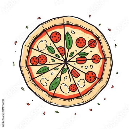pizza, food, cheese, vector, italian, tomato, illustration, meal, dinner, pepper, pepperoni, pizzeria, hot, mushroom, italy, lunch, mozzarella, snack, restaurant, tasty, crust, dough, delicious, slice