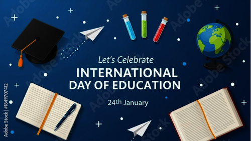 A vibrant illustration for global learning celebration, showing a graduation cap, books, science tools, and a globe, inspiring academic advancement
