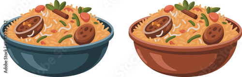 Indian biryani rice dish set with meat vegetables and spices traditional south asian cuisine