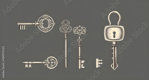 set of antique door keys, vintage metal keys illustration, skeleton keys bundle, rustic iron keys collection, Victorian lock keys artwork, medieval antique keys set, decorative old keys illustration, 