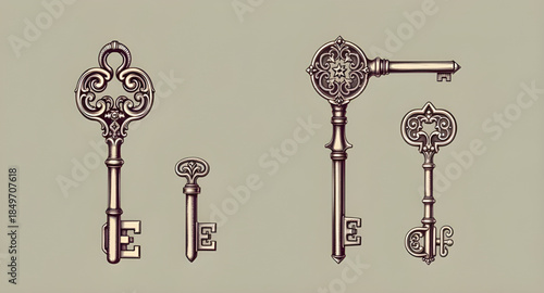 vintage skeleton keys set, antique iron keys illustration, old metal keys collection, decorative retro keys artwork, Victorian brass keys set, medieval door keys illustration, rustic antique keys bund