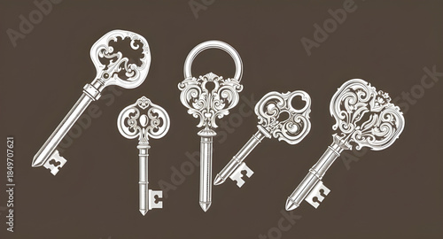 vintage skeleton keys set, antique iron keys illustration, old metal keys collection, decorative retro keys artwork, Victorian brass keys set, medieval door keys illustration, rustic antique keys bund