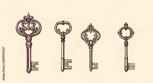set of old vintage keys, antique metal keys illustration, skeleton keys collection, rustic iron keys artwork, Victorian door keys set, medieval lock keys illustration, decorative antique keys bundle, 
