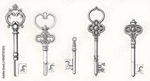 vintage keys vector set, antique skeleton keys illustration, old iron keys collection, decorative retro keys design, Victorian metal keys set, medieval antique keys artwork, rustic door keys bundle, c