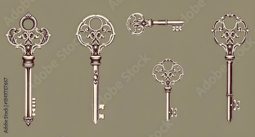 set of antique skeleton keys, vintage metal keys collection, old fashioned door keys, decorative antique key set, Victorian iron keys illustration, medieval lock keys bundle, rustic vintage keys artwo