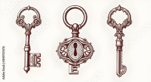 antique vintage keys set, old skeleton keys collection, classic metal keys isolated, decorative vintage keys illustration, Victorian era keys bundle, medieval iron keys set, rustic old keys design, or