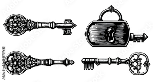 antique vintage keys set, old skeleton keys collection, classic metal keys isolated, decorative vintage keys illustration, Victorian era keys bundle, medieval iron keys set, rustic old keys design, or