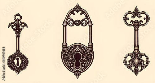 antique vintage keys set, old skeleton keys collection, classic metal keys isolated, decorative vintage keys illustration, Victorian era keys bundle, medieval iron keys set, rustic old keys design, or