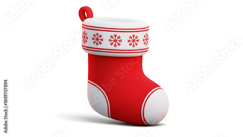 Festive red Christmas stocking with white decorative pattern, created in 3D illustration style and isolated on a bright background.