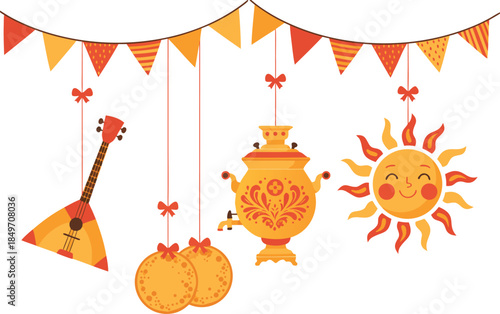Maslenitsa holiday hanging elements vector set with samovar, pancakes, balalaika and smiling sun, Slavic folk festival decoration, flat cartoon illustration