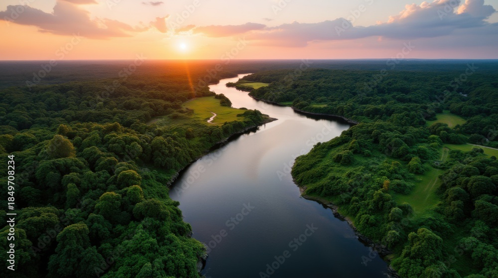 Fototapeta premium Wide river meandering through the lush green amazon rainforest at sunrise