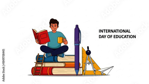 Vibrant illustration celebrating the International Day of Education, depicting a diligent student immersed in learning atop a stack of knowledge, surrounded by essential study tools