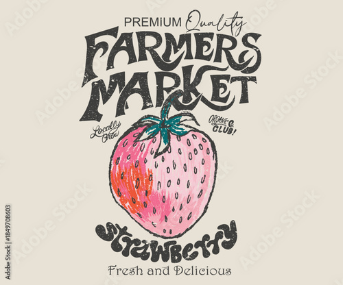 Premium organic strawberry fruit design. Fresh strawberry fruit with print. Sweet and juicy strawberry t shirt artwork.